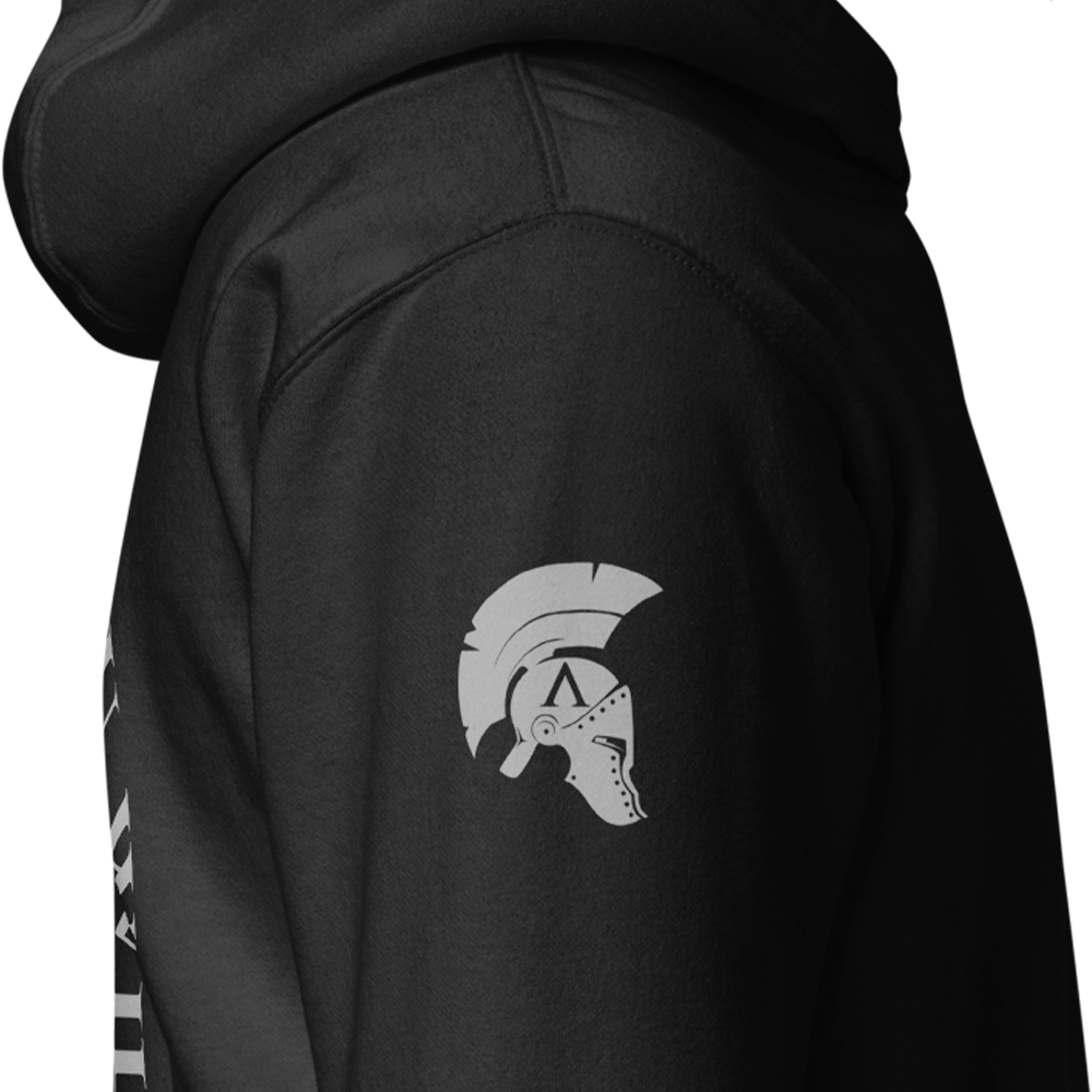 Close up of Right sleeve of Black unisex fit Pullover Hoodie by Achilles Tactical Clothing Brand printed with Large Memento Mori design across back