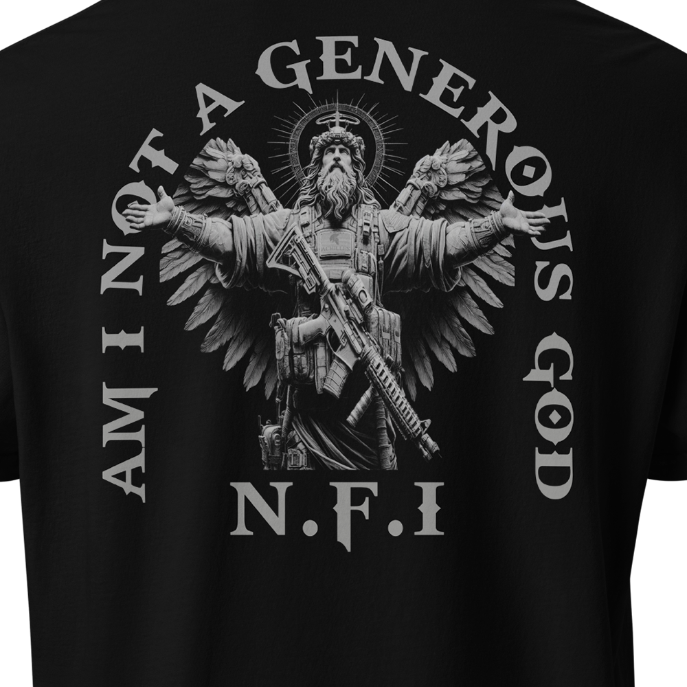 Close up of back view of Black short sleeve classic cotton unisex fit T-Shirt by Achilles Tactical Clothing Brand with screen printed NFI Generous God design on back