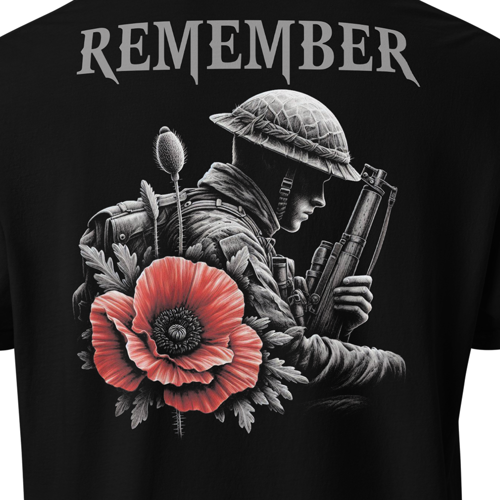 Close up of back view of Black short sleeve unisex fit classic cotton T-Shirt by Achilles Tactical Clothing Brand printed with Large Remember poppy design across back