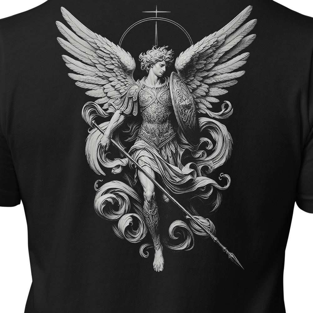 Close up of back view of Black short sleeve unisex fit original cotton T-Shirt by Achilles Tactical Clothing Brand printed with Large Archangel design across back