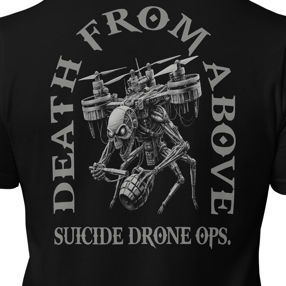 Close up of back view of Black short sleeve unisex fit original cotton T-Shirt by Achilles Tactical Clothing Brand printed with Large Death from Above Drone Ops design across back