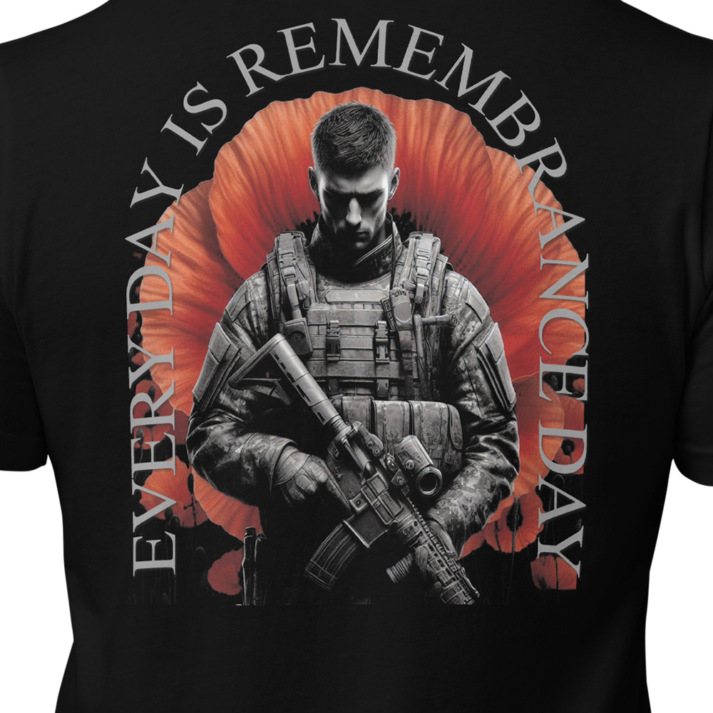 Close up of back view of Black short sleeve unisex fit original cotton T-Shirt by Achilles Tactical Clothing Brand printed with Large Every day is remembrance day design across back