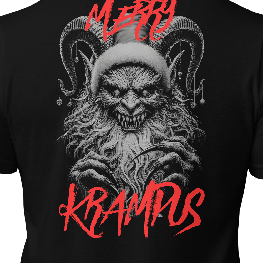 Close up of back view of Black short sleeve unisex fit original cotton T-Shirt by Achilles Tactical Clothing Brand printed with Large Merry Krampus design across back