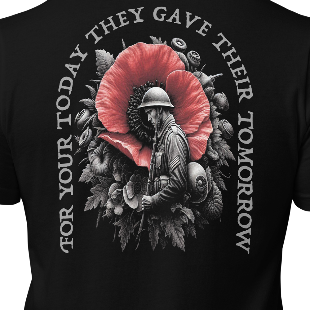 Close up of Back view of Black short sleeve unisex fit original cotton T-Shirt by Achilles Tactical Clothing Brand printed with Sacrifice Poppy and Soldier Design across back