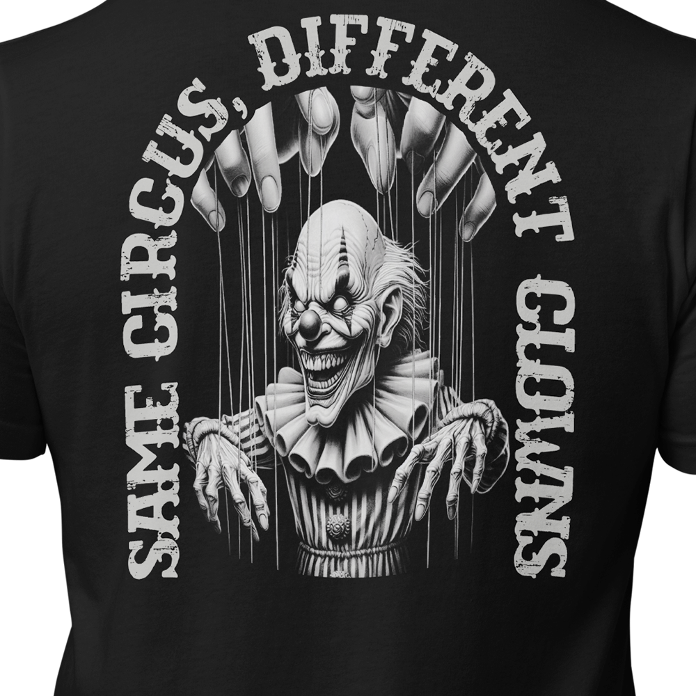 Close up of back view of Black short sleeve unisex fit original cotton T-Shirt by Achilles Tactical Clothing Brand printed with Large Clowns design across back