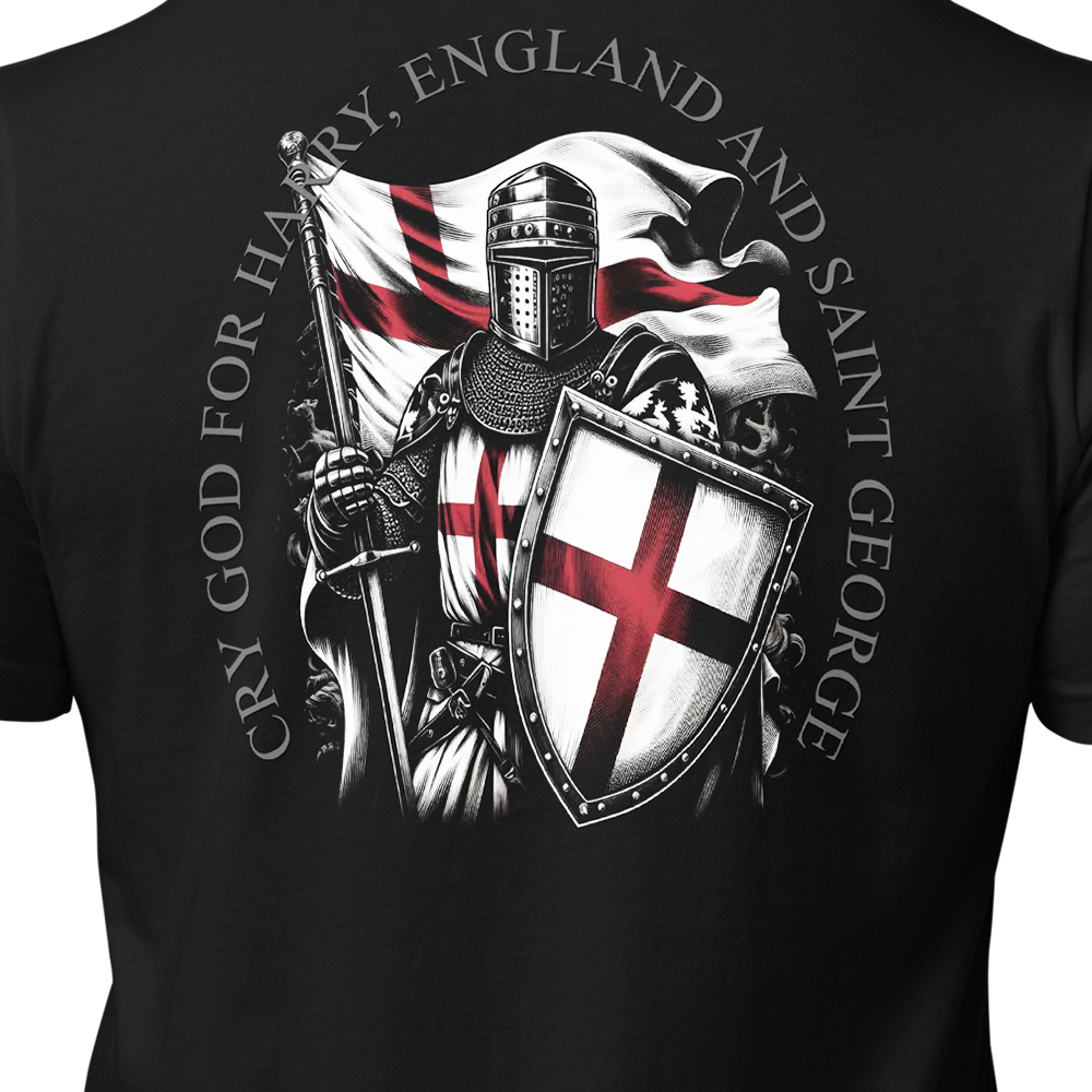 Close up of back centre view of Black short sleeve unisex fit original cotton T-Shirt by Achilles Tactical Clothing Brand printed with Saint George Design across back