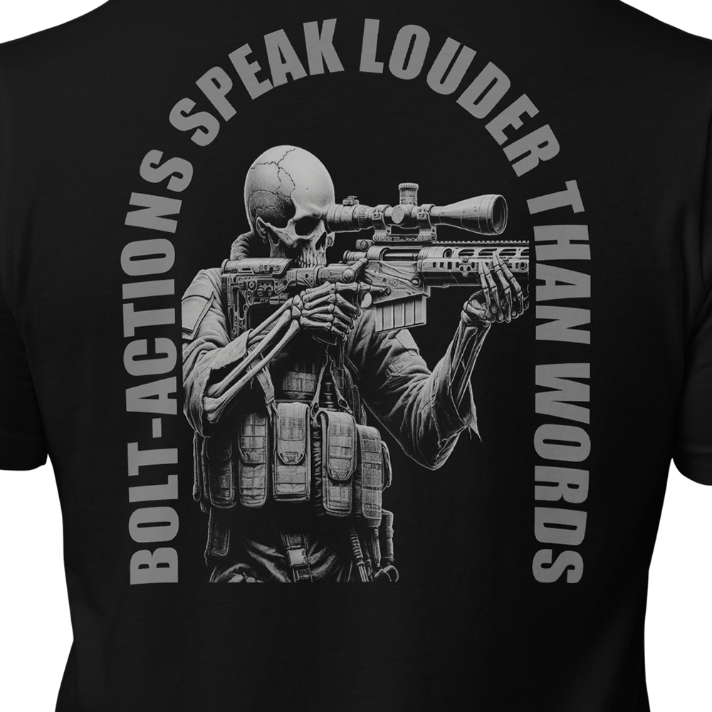 Close up of back view of Black short sleeve unisex fit original cotton T-Shirt by Achilles Tactical Clothing Brand printed with Large Bolt Actions design across back