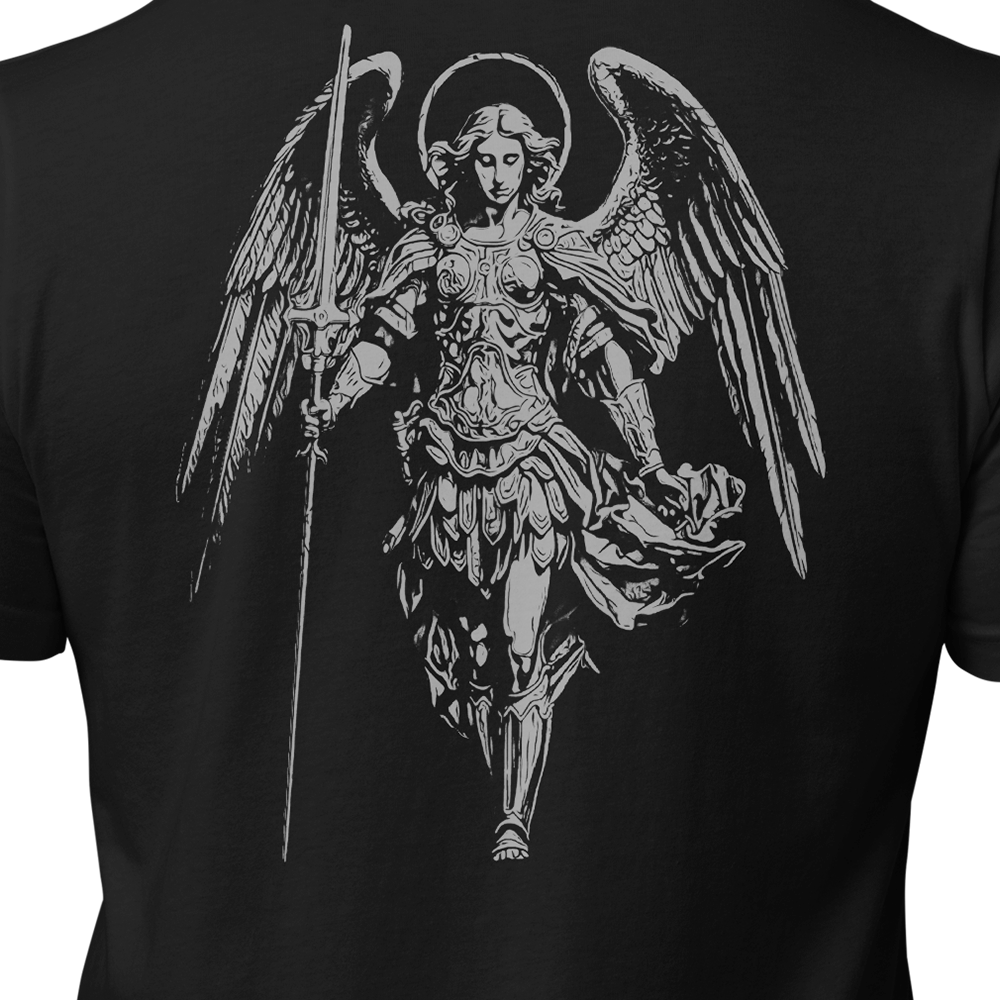 Close up of back view of Black short sleeve unisex fit original cotton T-Shirt by Achilles Tactical Clothing Brand printed with Large Saint Michael design across back