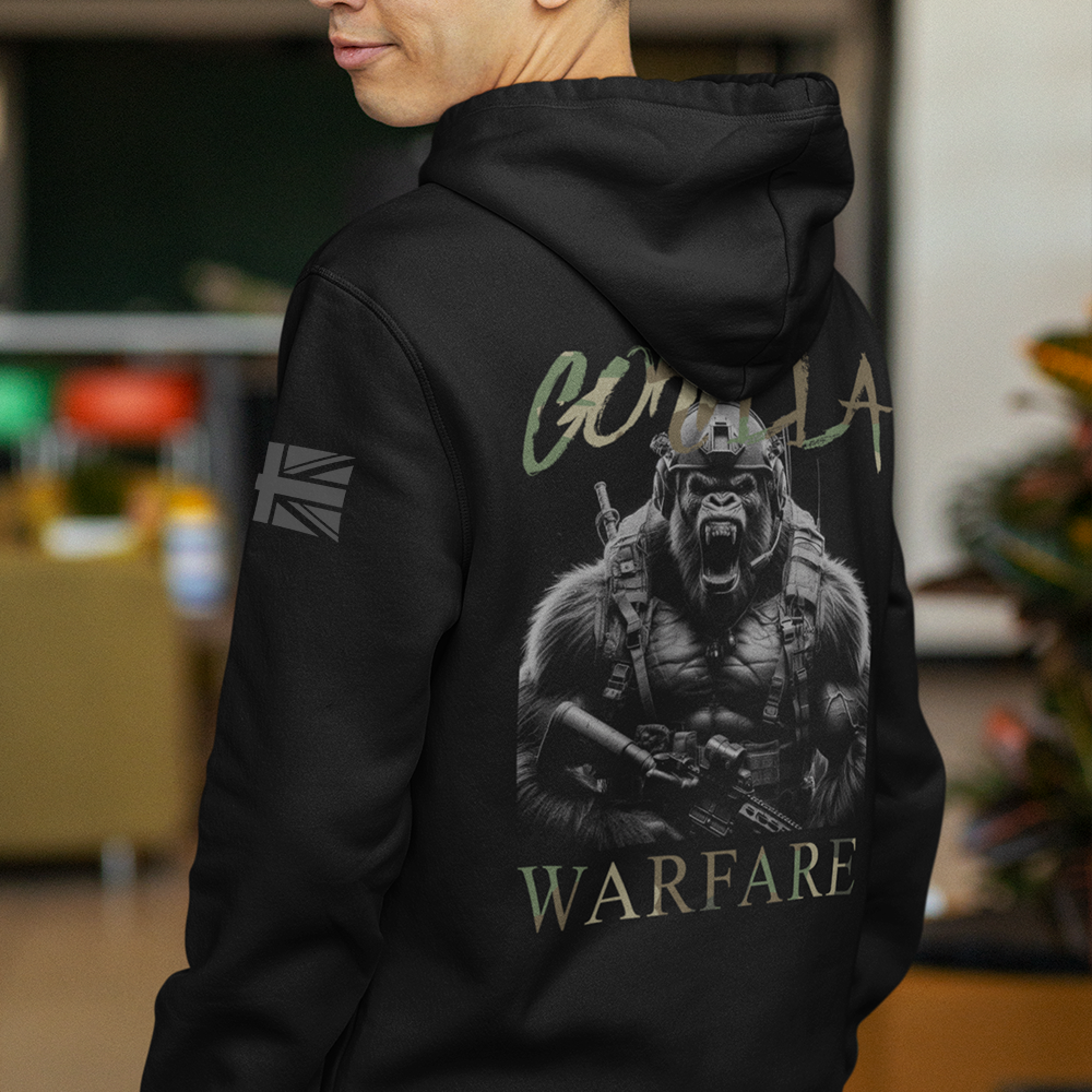 Close up of back of man wearing Black unisex fit Pullover Hoodie by Achilles Tactical Clothing Brand printed with Large Gorilla Warfare design across back