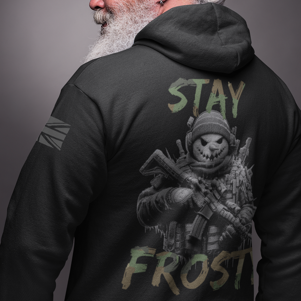 Close up of back of man wearing Black unisex fit Pullover Hoodie by Achilles Tactical Clothing Brand printed with Large Stay Frosty design across back