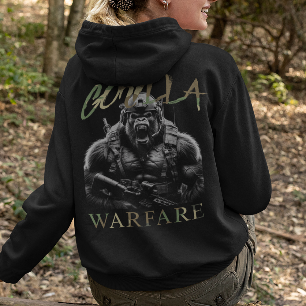 Close up of back of woman wearing Black unisex fit Pullover Hoodie by Achilles Tactical Clothing Brand printed with Large Gorilla Warfare design across back