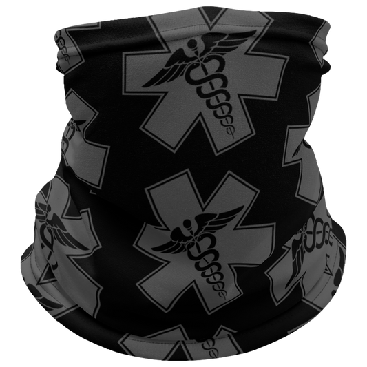 Front View of black Achilles Tactical Clothing Brand head face and neck tube printed with wolf grey repeating Tac Medic Logo design