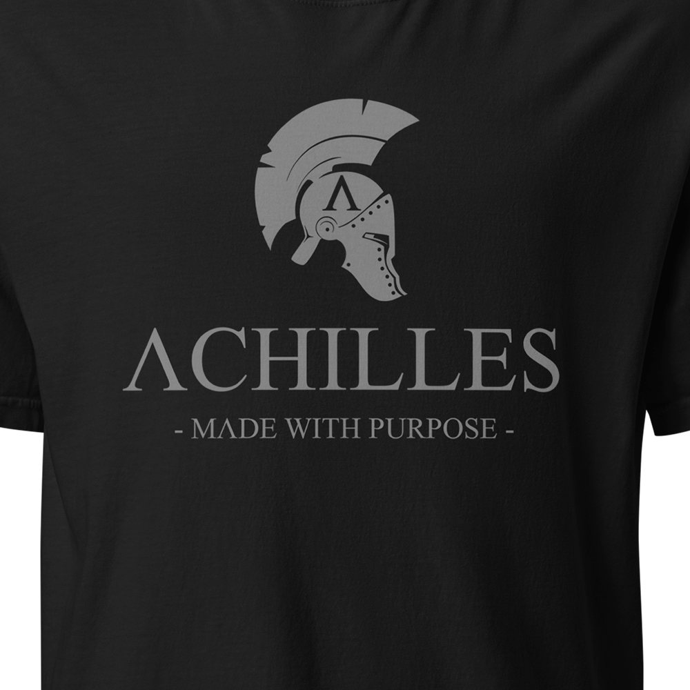 Close Up View of Black short sleeve classic cotton unisex fit T-Shirt by Achilles Tactical Clothing Brand with screen printed Signature design on front