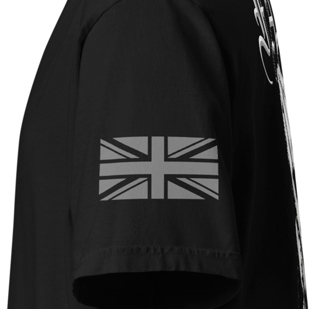 Close up of left sleeve of black Achilles Tactical Clothing Brand Classic cotton T-Shirt with Union flag sleeve and Faith design