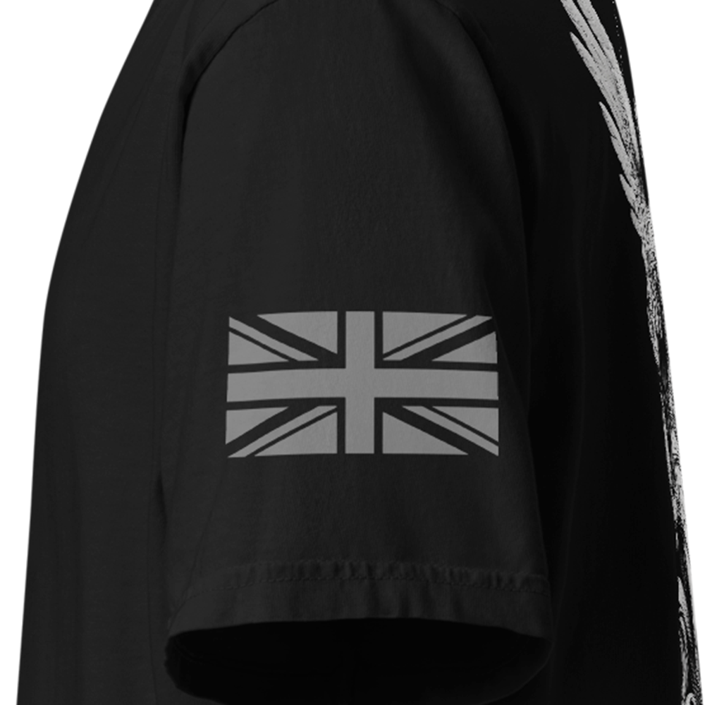 Close up of left sleeve of black Achilles Tactical Clothing Brand Classic cotton T-Shirt with Union flag sleeve and Archangel design