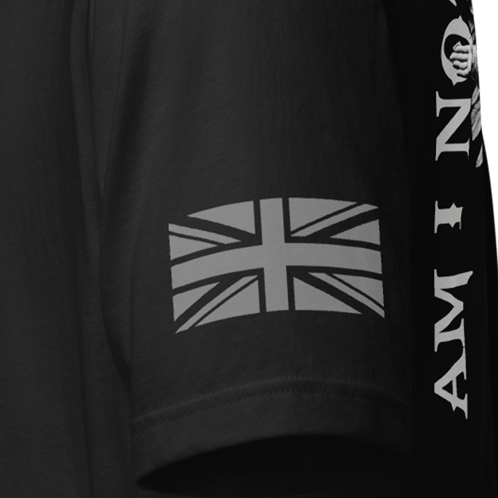 Close up of left sleeve of black Achilles Tactical Clothing Brand original cotton T-Shirt with Union flag sleeve and NFI Generous God design