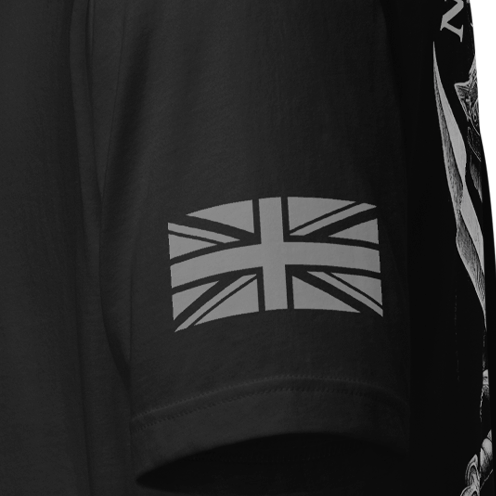 Close up of left sleeve of black Achilles Tactical Clothing Brand original cotton T-Shirt with Union flag sleeve and No Quarter Given design