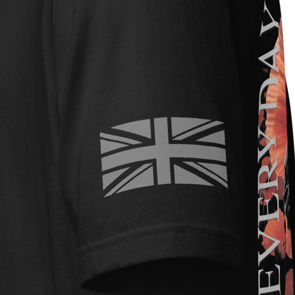 Close up of left sleeve of black Achilles Tactical Clothing Brand original cotton T-Shirt with Union flag sleeve and Every day is Remembrance day design across back