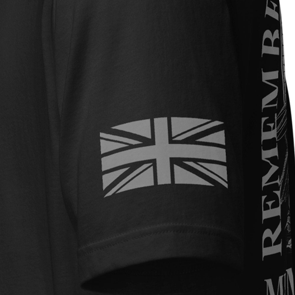 Close up of left sleeve of black Achilles Tactical Clothing Brand original cotton T-Shirt with Wolf grey union flag Memento Mori design