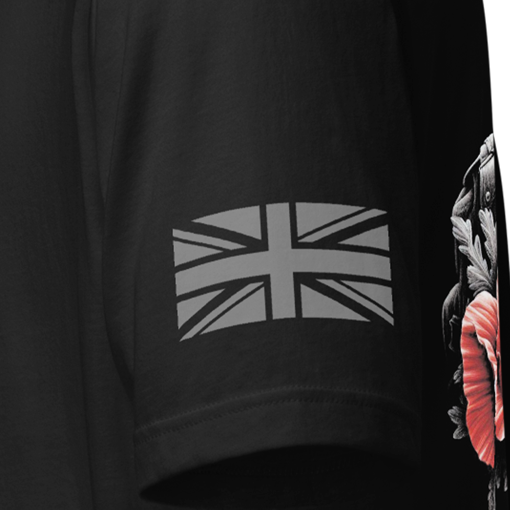 Close up of left sleeve of black Achilles Tactical Clothing Brand original cotton T-Shirt with grey union flag Remember Poppy design