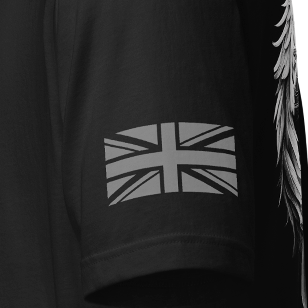 Close up of left sleeve of black Achilles Tactical Clothing Brand original cotton T-Shirt with Union flag sleeve and Remember thin blue line design