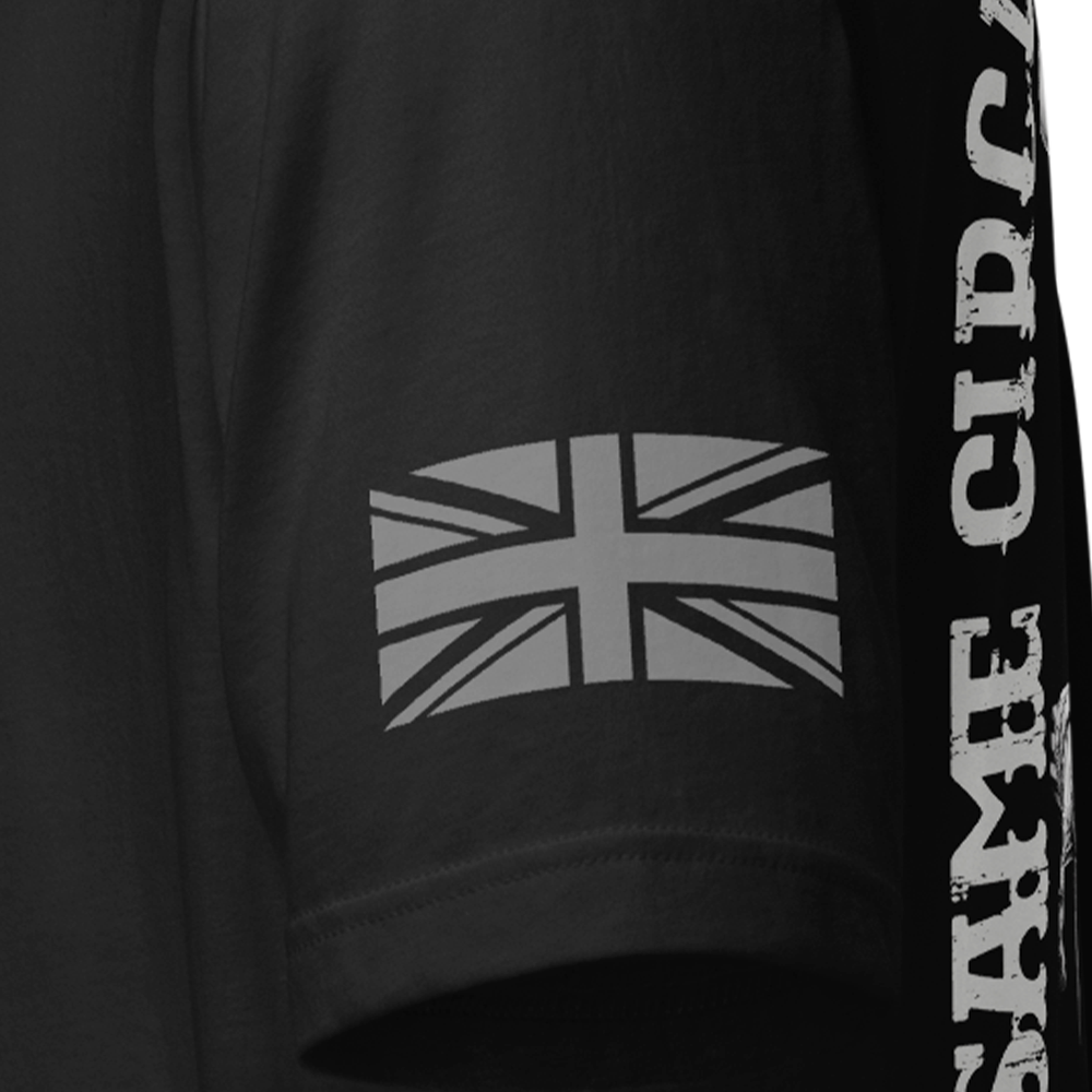 Close up of left sleeve of black Achilles Tactical Clothing Brand original cotton T-Shirt with Union flag sleeve and Clowns design