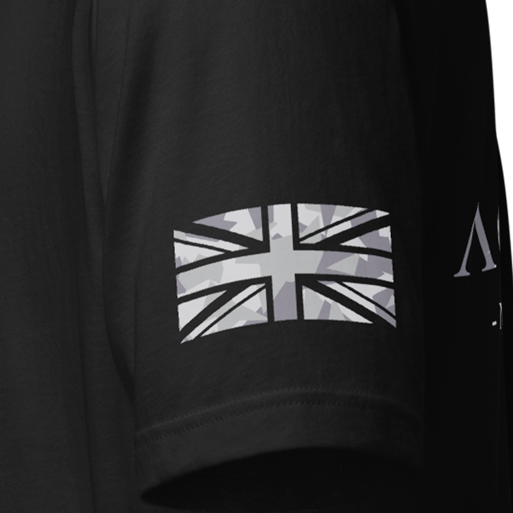 Close up of left sleeve of black Achilles Tactical Clothing Brand original cotton T-Shirt with Geo grey Cam union flag Signature design