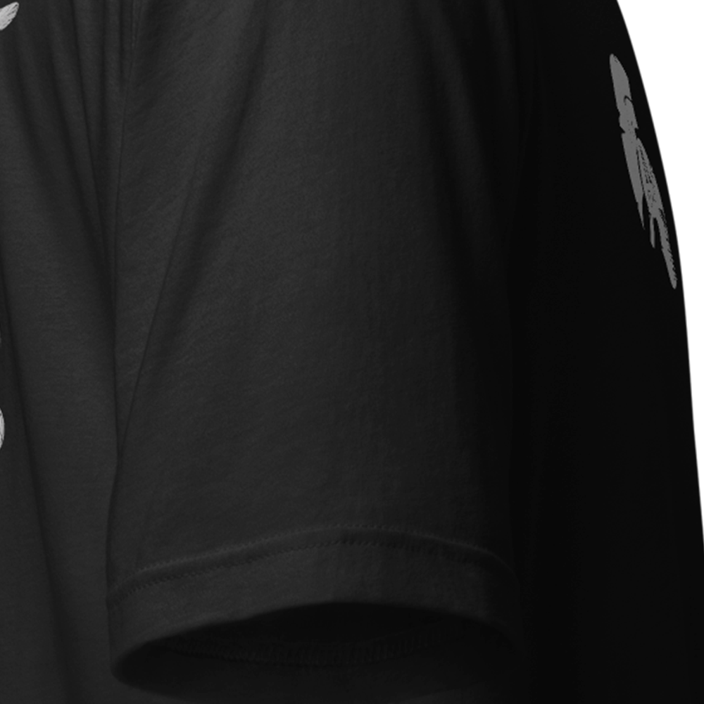 Close up of right sleeve of black Achilles Tactical Clothing Brand original cotton T-Shirt Archangel design