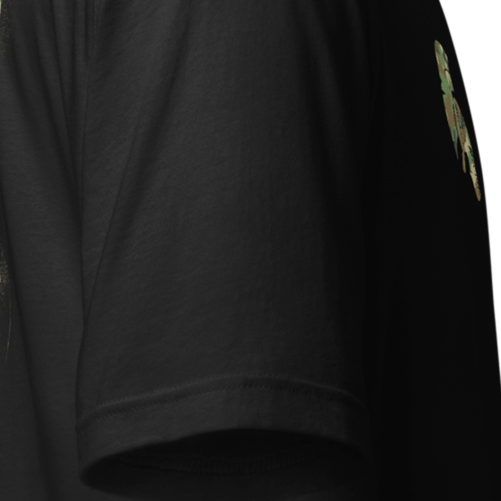 Close up of right sleeve of black Achilles Tactical Clothing Brand original cotton T-Shirt DPM Skull design