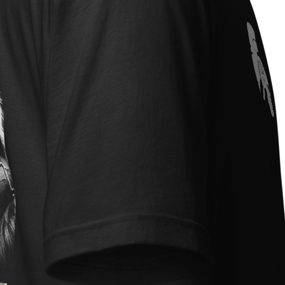 Close up of right sleeve of black Achilles Tactical Clothing Brand original cotton T-Shirt Gorilla Warfare design