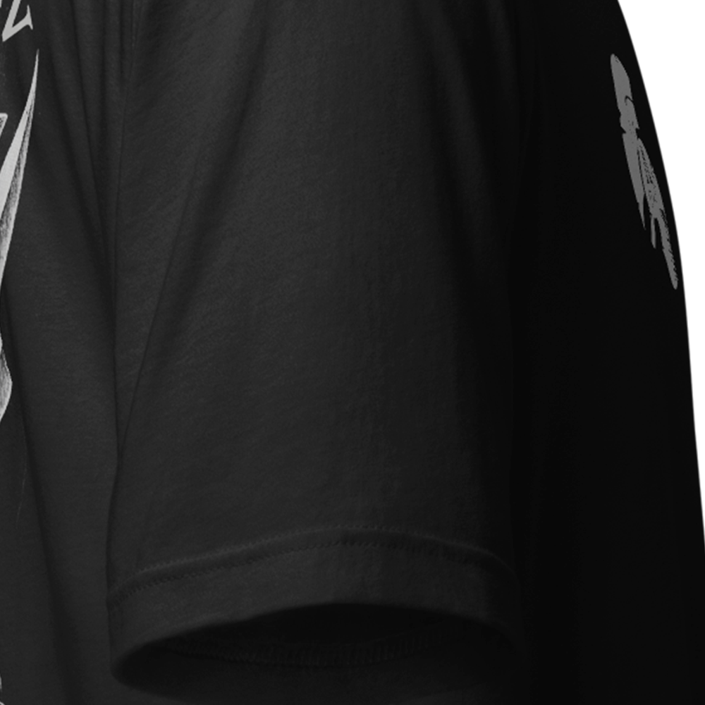 Close up of right sleeve of black Achilles Tactical Clothing Brand original cotton T-Shirt No Quarter Given design