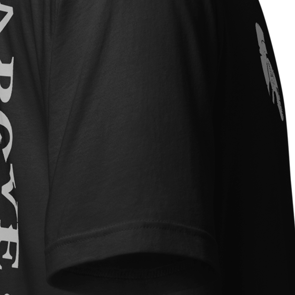 Close up of right sleeve of Black short sleeve unisex fit original cotton T-Shirt by Achilles Tactical Clothing Brand printed with Large Death from Above Drone Ops design across back