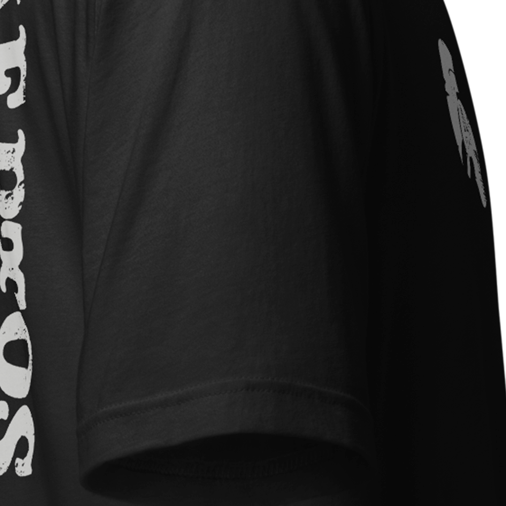 Close up of right sleeve of black Achilles Tactical Clothing Brand original cotton T-Shirt Dia De Los Muertos design