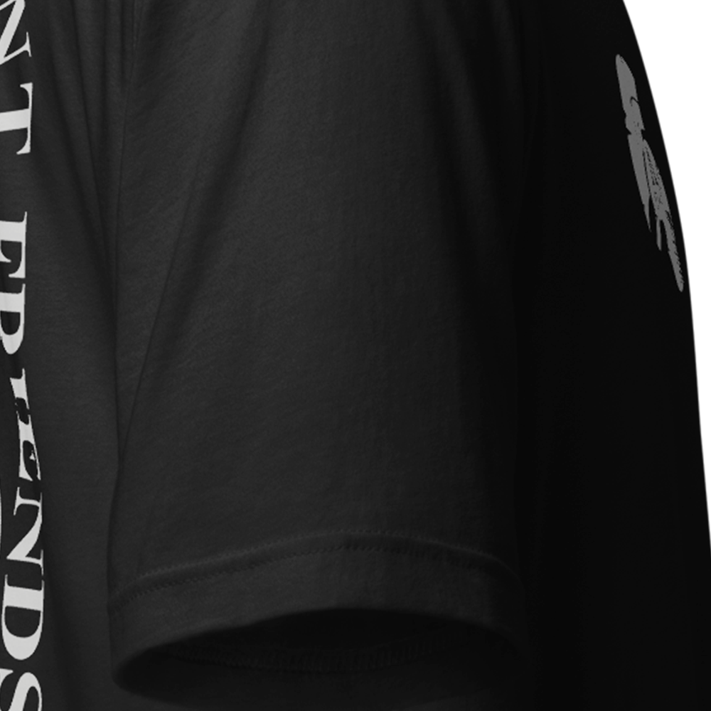 Close up of right sleeve of black Achilles Tactical Clothing Brand original cotton T-Shirt To Absent Friends design