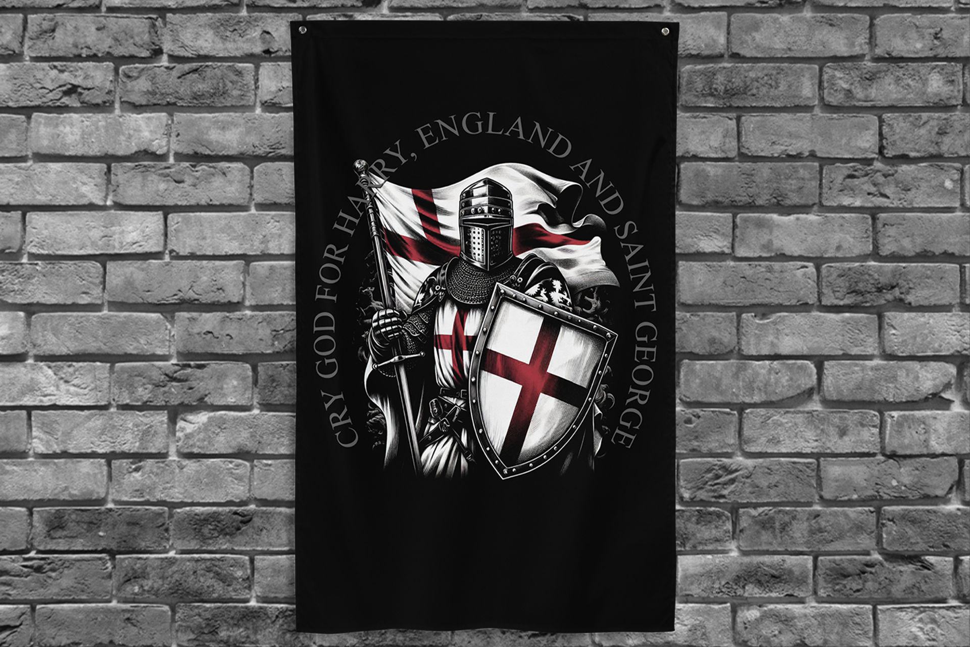 Saint George design black vertical banner flag by Achilles Tactical Clothing Brand hanging on a grey brick wall