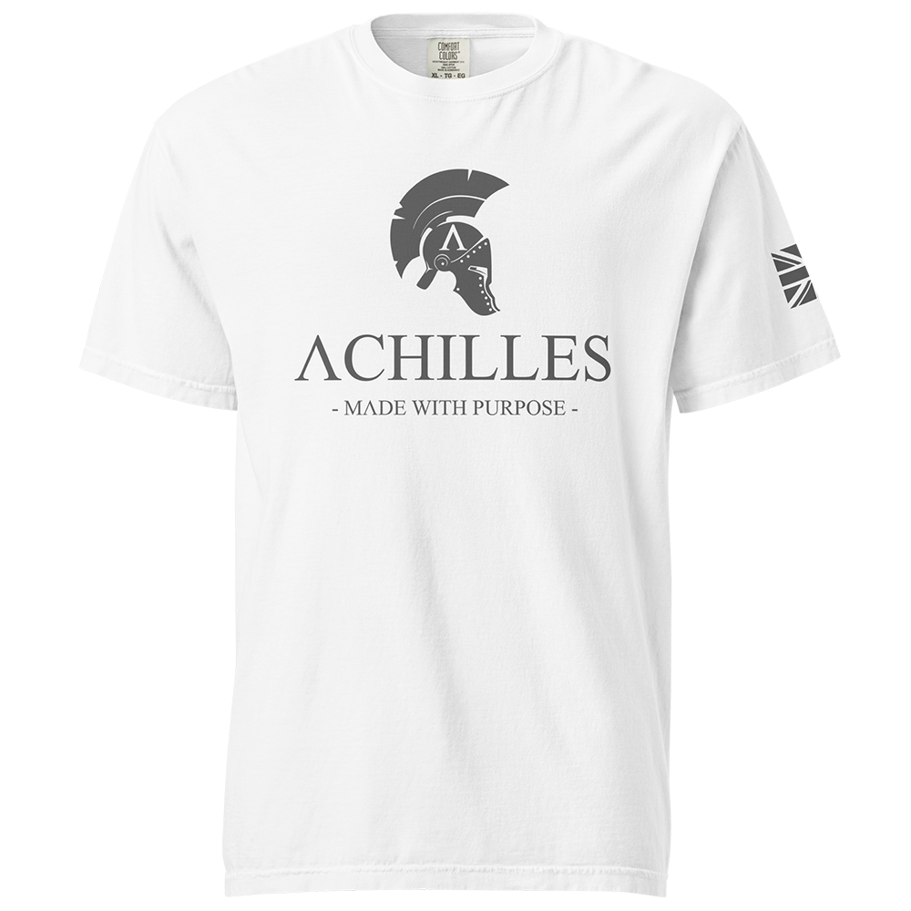 Front View of white short sleeve classic cotton unisex fit T-Shirt by Achilles Tactical Clothing Brand with screen printed Signature design on front