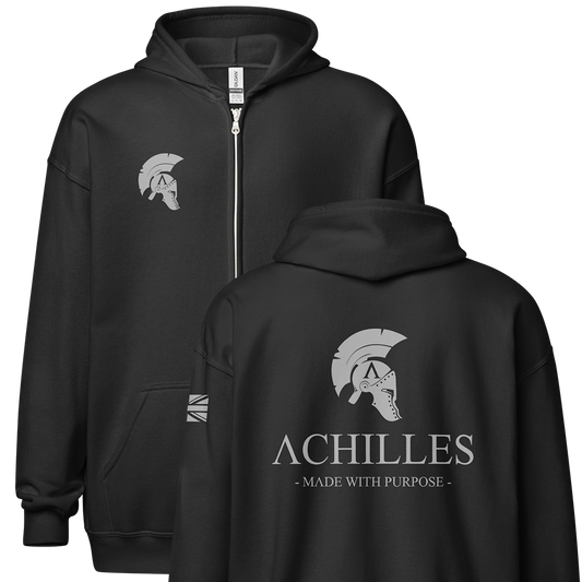 Front and Back view of Black unisex fit zipper hoodie by Achilles Tactical Clothing Brand with Wolf Grey Signature Design across back