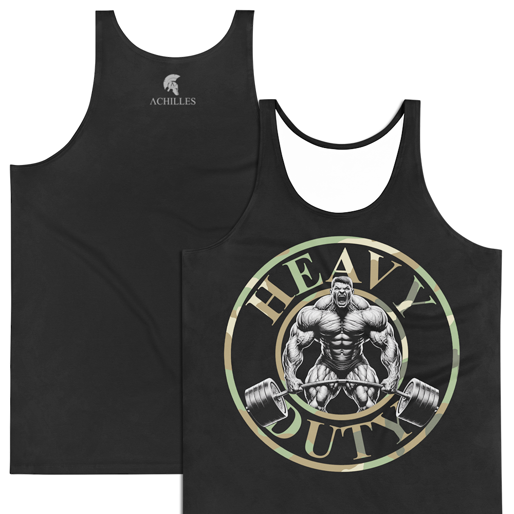 Front and Back view of Black sleeveless Tank top by Achilles Tactical Clothing Brand printed with grey Heavy Duty design