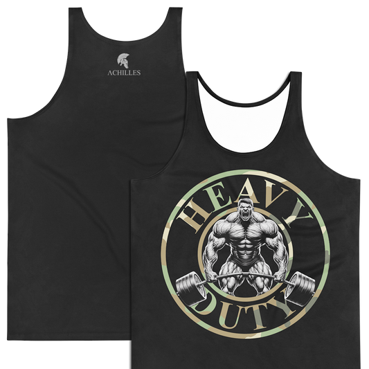 Front and Back view of Black sleeveless Tank top by Achilles Tactical Clothing Brand printed with grey Heavy Duty design