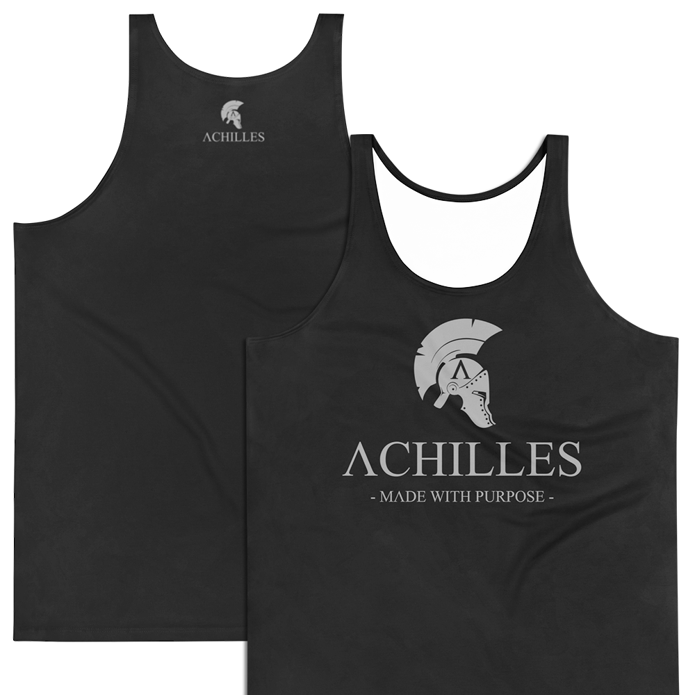 Front and Back view of Black sleeveless Tank top by Achilles Tactical Clothing Brand printed with grey signature design