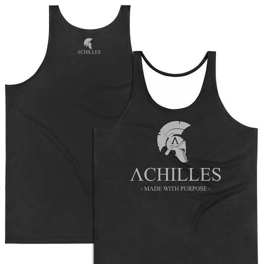 Front and Back view of Black sleeveless Tank top by Achilles Tactical Clothing Brand printed with grey signature design