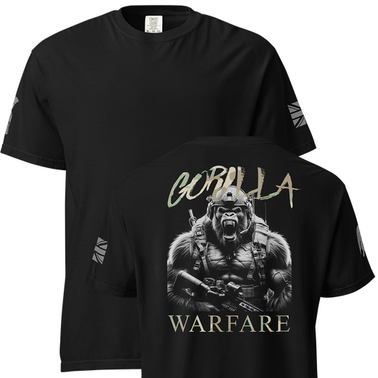 Front and back view of Black short sleeve classic cotton unisex fit T-Shirt by Achilles Tactical Clothing Brand with screen printed Gorilla Warfare design on back