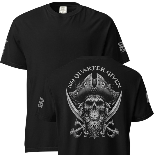 Front and back view of Black short sleeve classic cotton unisex fit T-Shirt by Achilles Tactical Clothing Brand with screen printed No Quarter Given design on back