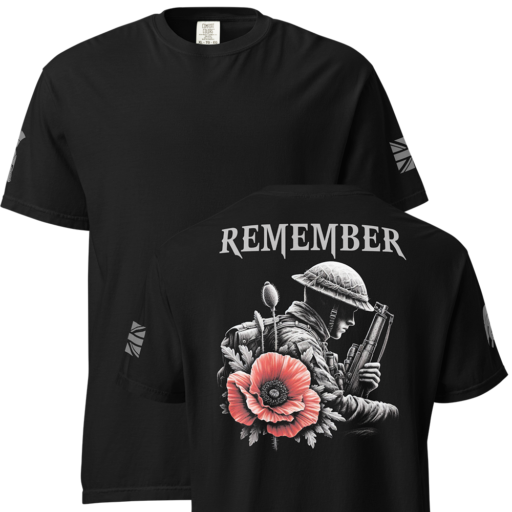 Front and back view of Black short sleeve unisex fit classic cotton T-Shirt by Achilles Tactical Clothing Brand printed with Large Remember poppy design across back