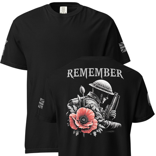 Front and back view of Black short sleeve unisex fit classic cotton T-Shirt by Achilles Tactical Clothing Brand printed with Large Remember poppy design across back