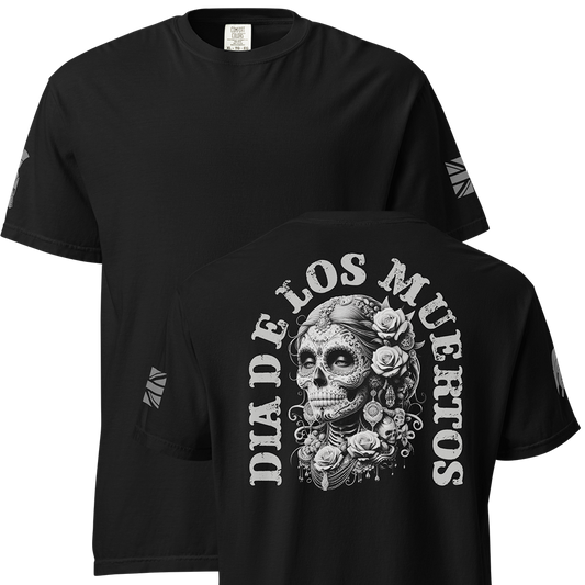 Front and back view of Black short sleeve unisex fit classic cotton T-Shirt by Achilles Tactical Clothing Brand printed with Large Dia De Los Muertos design across back