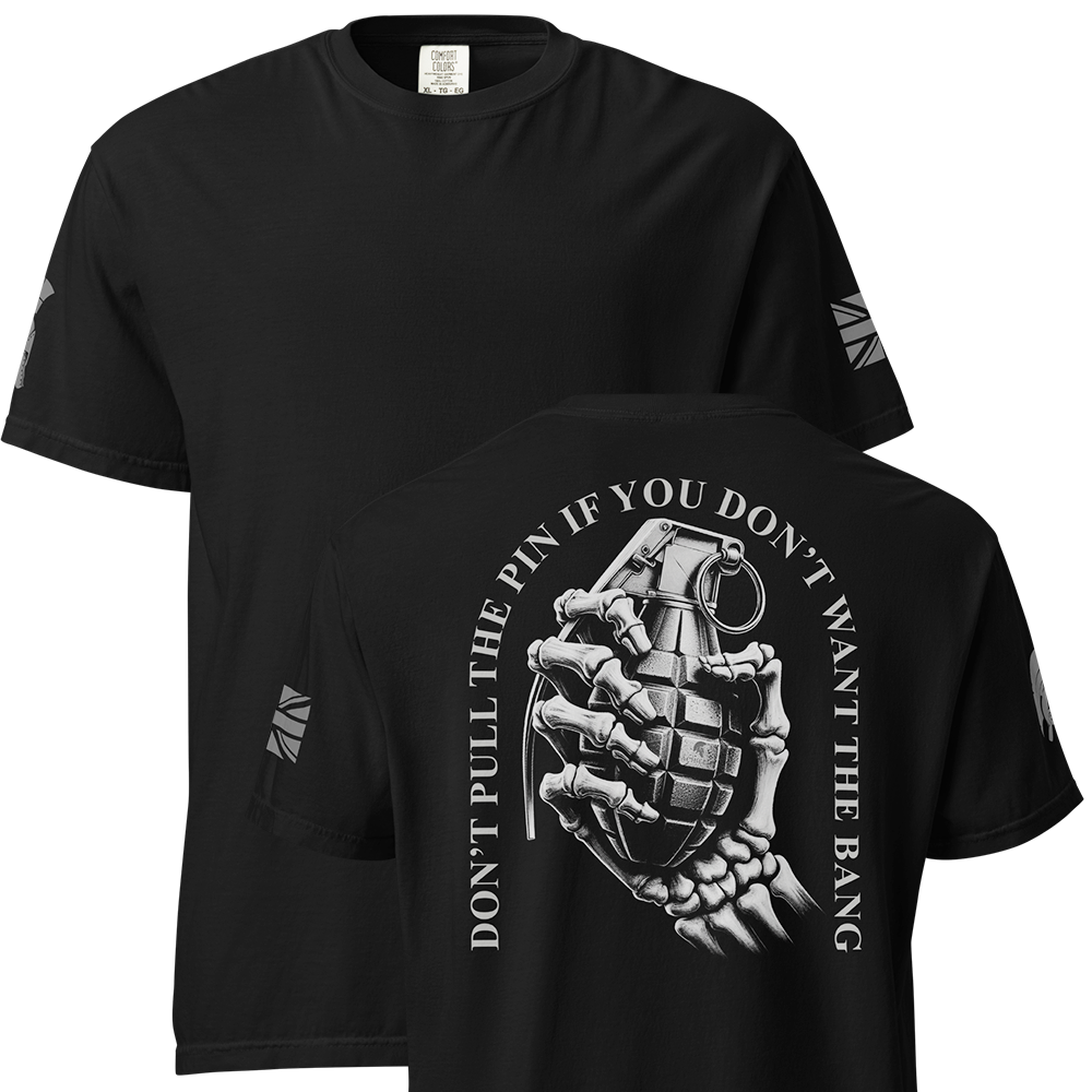 Front and back view of Black short sleeve classic cotton unisex fit T-Shirt by Achilles Tactical Clothing Brand with screen printed Don't pull the pin design on back