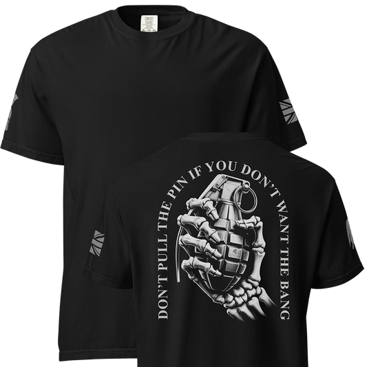 Front and back view of Black short sleeve classic cotton unisex fit T-Shirt by Achilles Tactical Clothing Brand with screen printed Don't pull the pin design on back