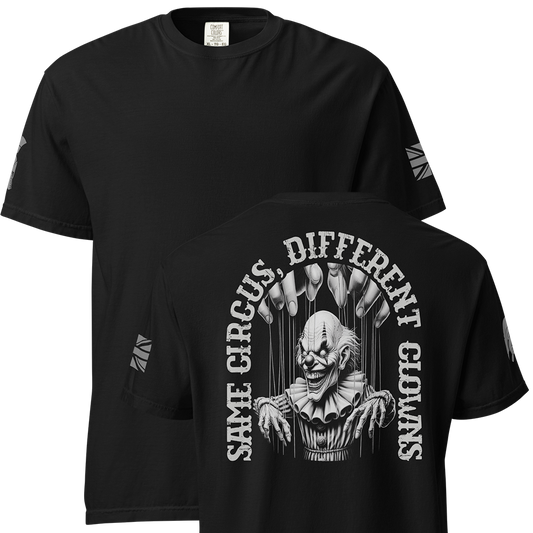 Front and back view of Black short sleeve classic cotton unisex fit T-Shirt by Achilles Tactical Clothing Brand with screen printed Same Circus design on back