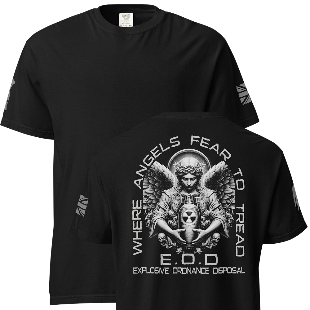 Front and back view of Black short sleeve classic cotton unisex fit T-Shirt by Achilles Tactical Clothing Brand with screen printed where angels fear to tread design on back